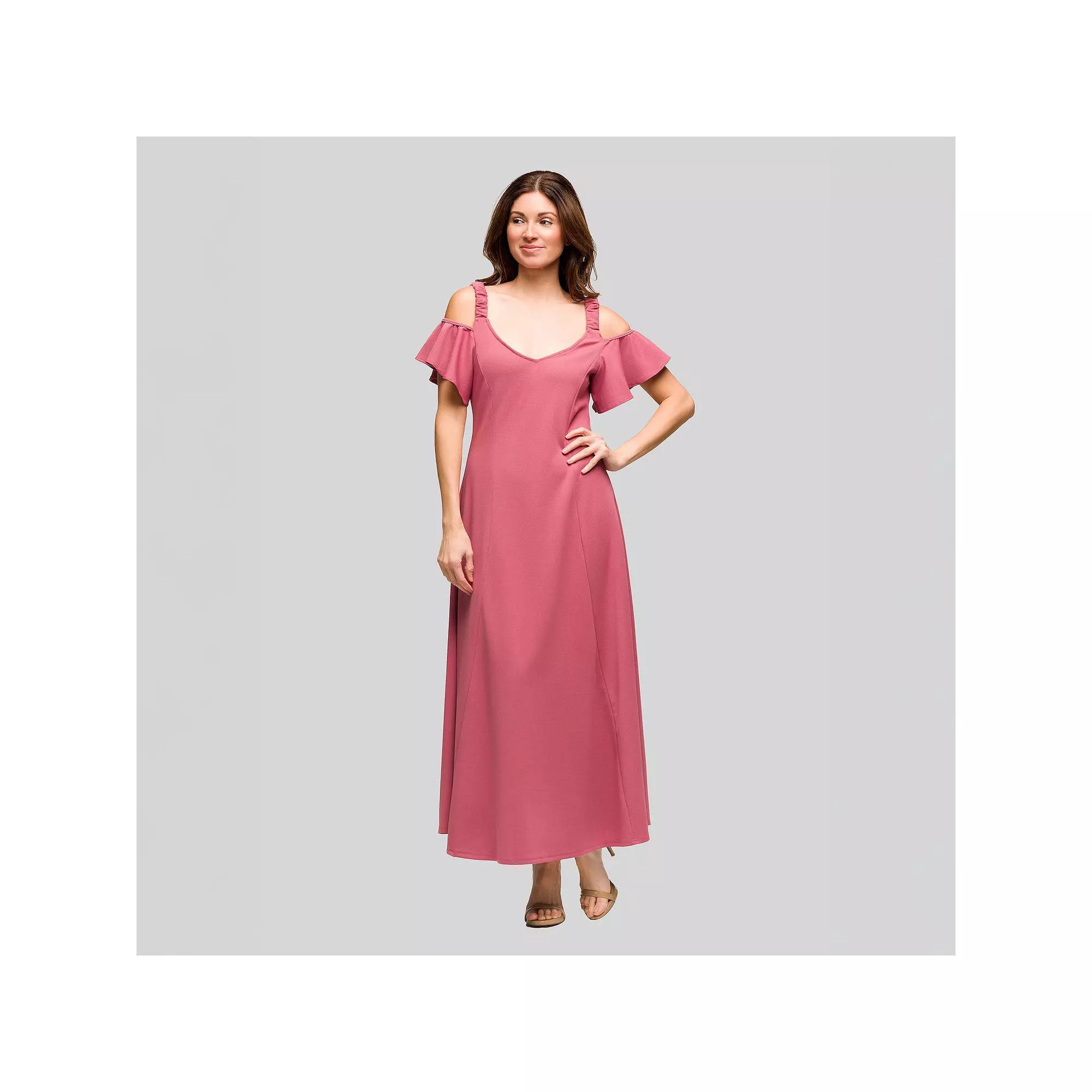 Women's 24Seven Comfort Apparel Cold Shoulder Ruffle Sleeve A-Line Maxi Dress, Size: 1XL, Blue Product Image
