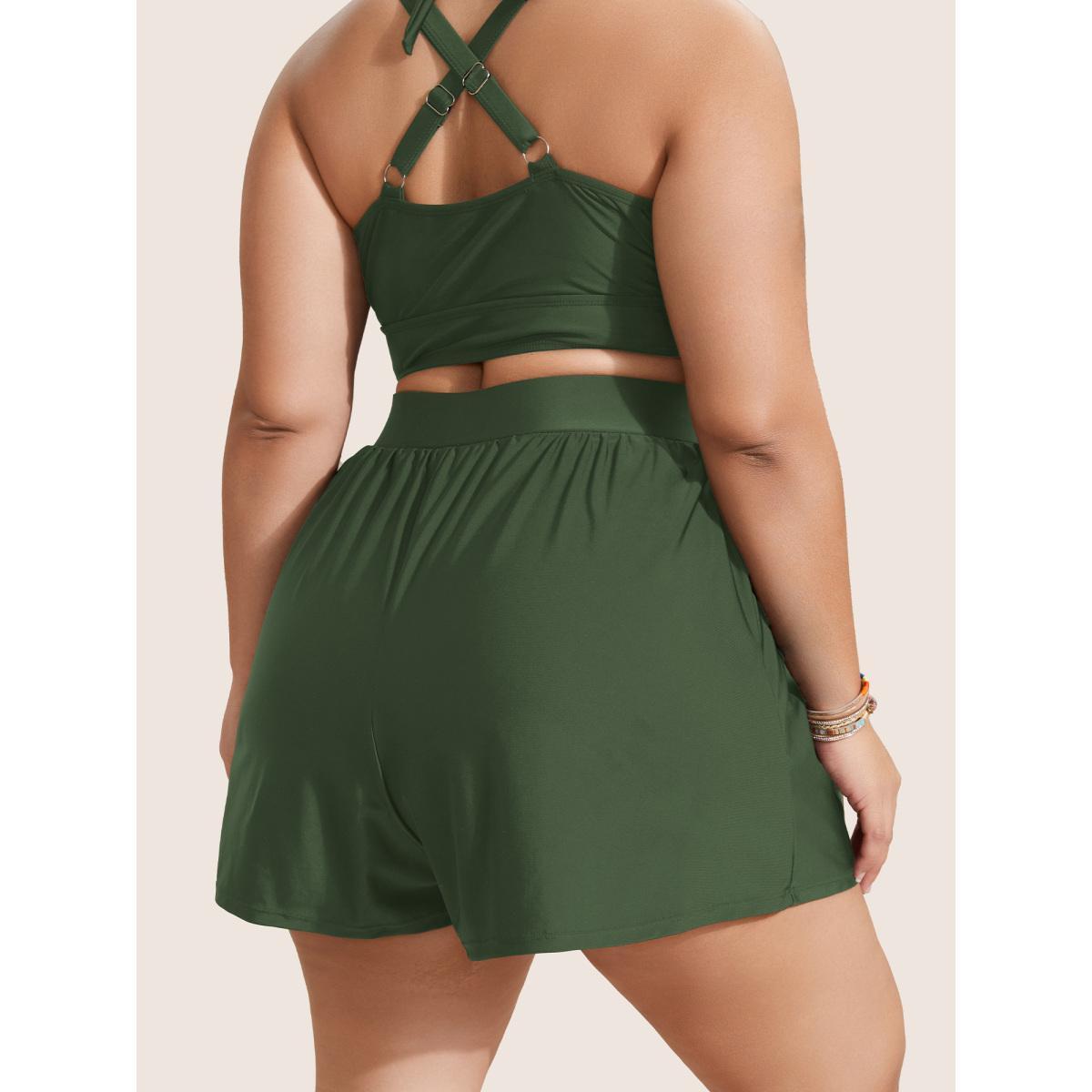 Plus Size High Waisted Pockets Solid Pleated Swim Bottom Women's Swimwear ArmyGreen Beach Gathered High stretch Bodycon High Rise Slanted pocket Curve Swim Bottoms BloomChic 30/6X Product Image