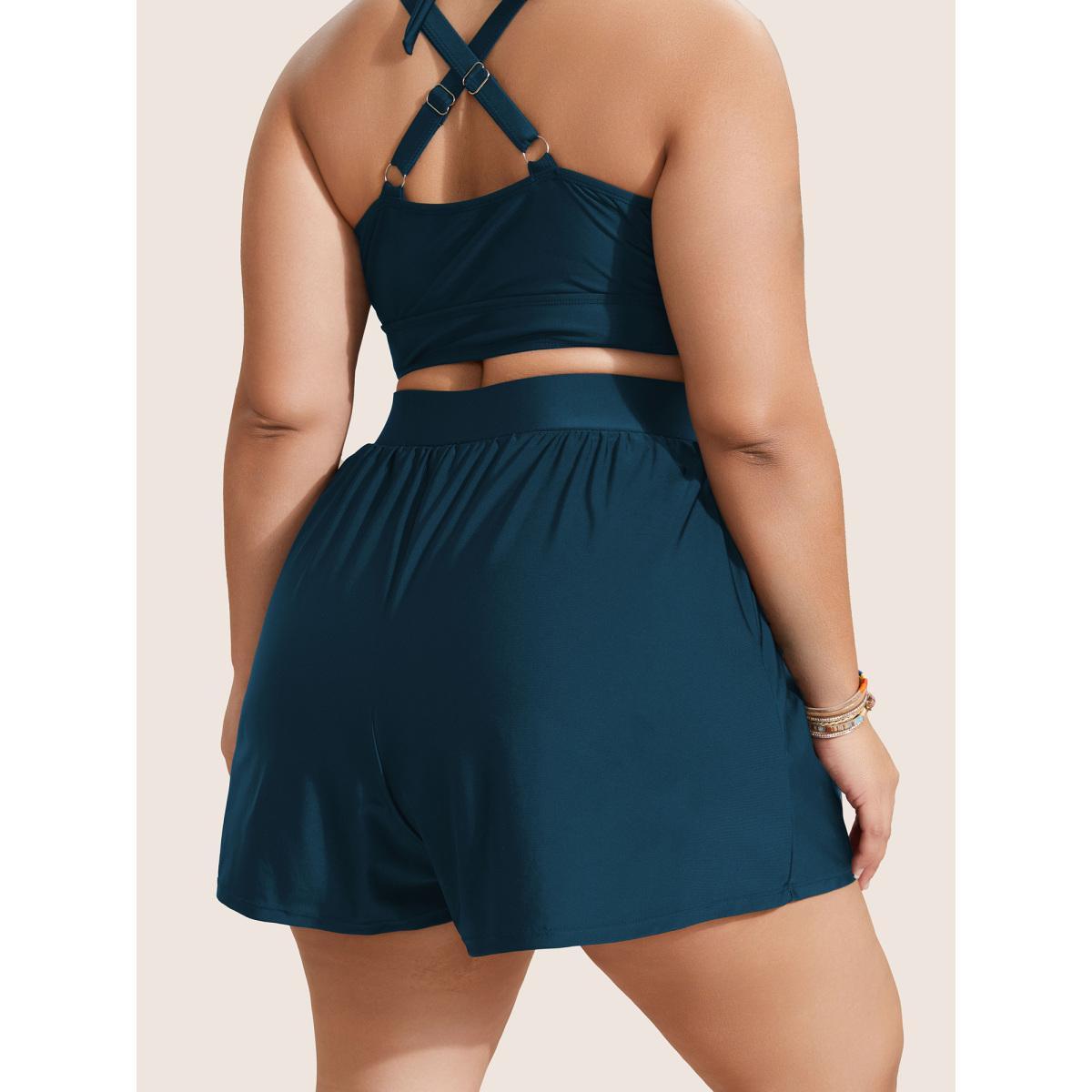 Plus Size High Waisted Pockets Solid Pleated Swim Bottom Women's Swimwear Cyan Beach Gathered High stretch Bodycon High Rise Slanted pocket Curve Swim Bottoms BloomChic 22-24/3X Product Image