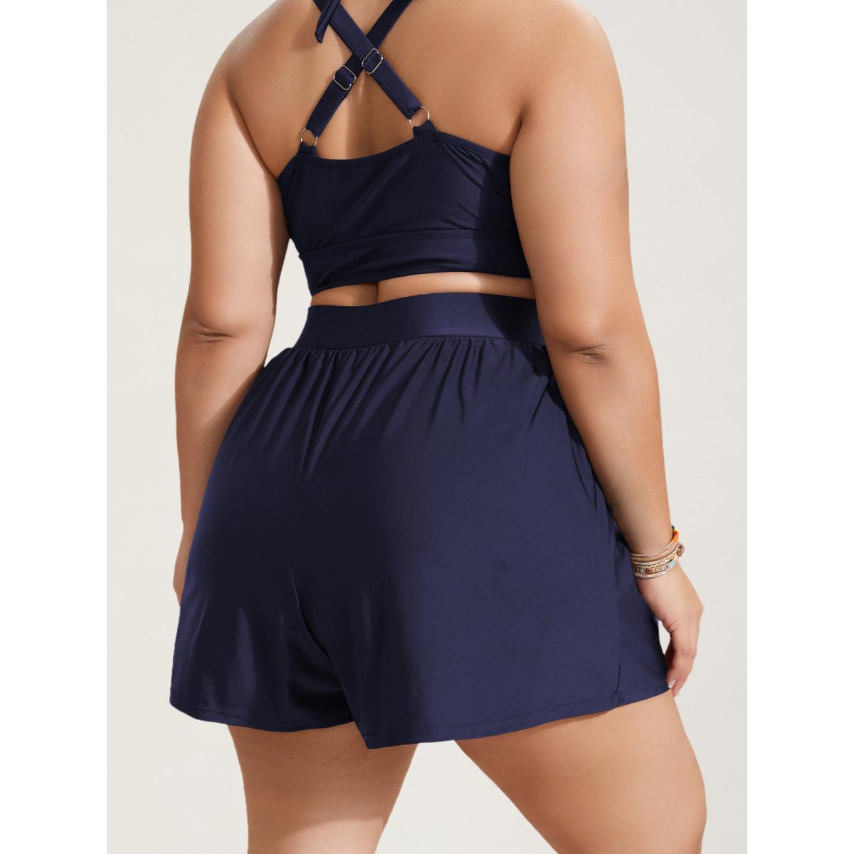 Plus Size High Waisted Pockets Solid Pleated Swim Bottom Women's Swimwear Indigo Beach Gathered High stretch Bodycon High Rise Slanted pocket Curve Swim Bottoms BloomChic 30/6X Product Image