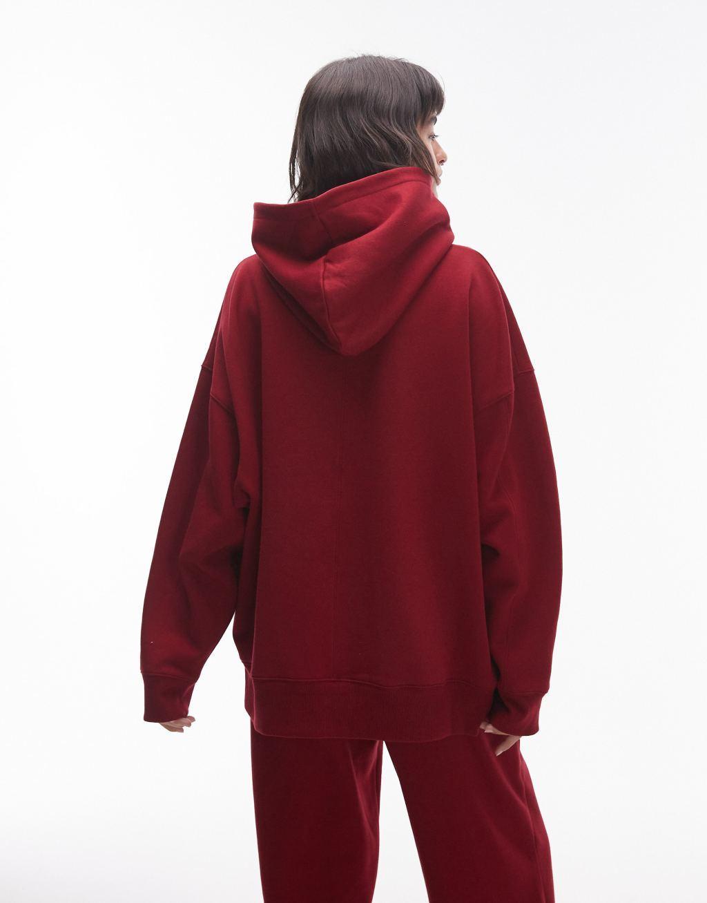 Topshop premium oversized hoodie in burgundy - part of a set Product Image