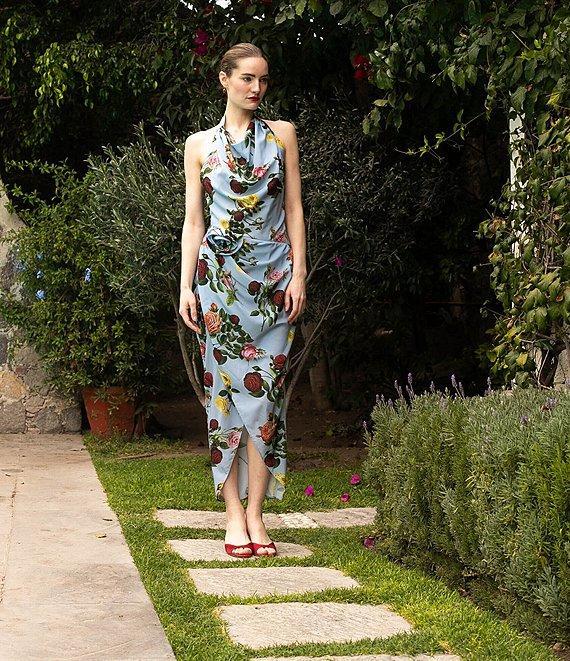 Damaris Bailey Helena Rose Print Halter Neck Sleeveless Sheath Wrap Dress Product Image