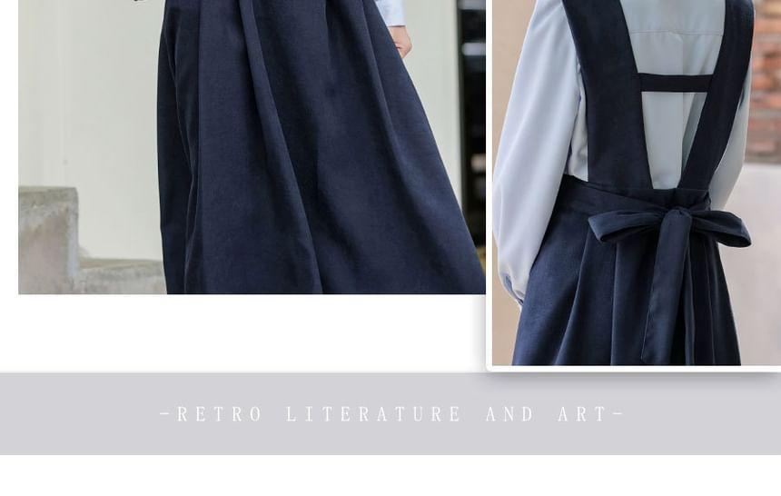 Set: Long-Sleeve Plain Bow Shirt + V-Neck Logo Applique Midi A-Line Jumper Dress Product Image