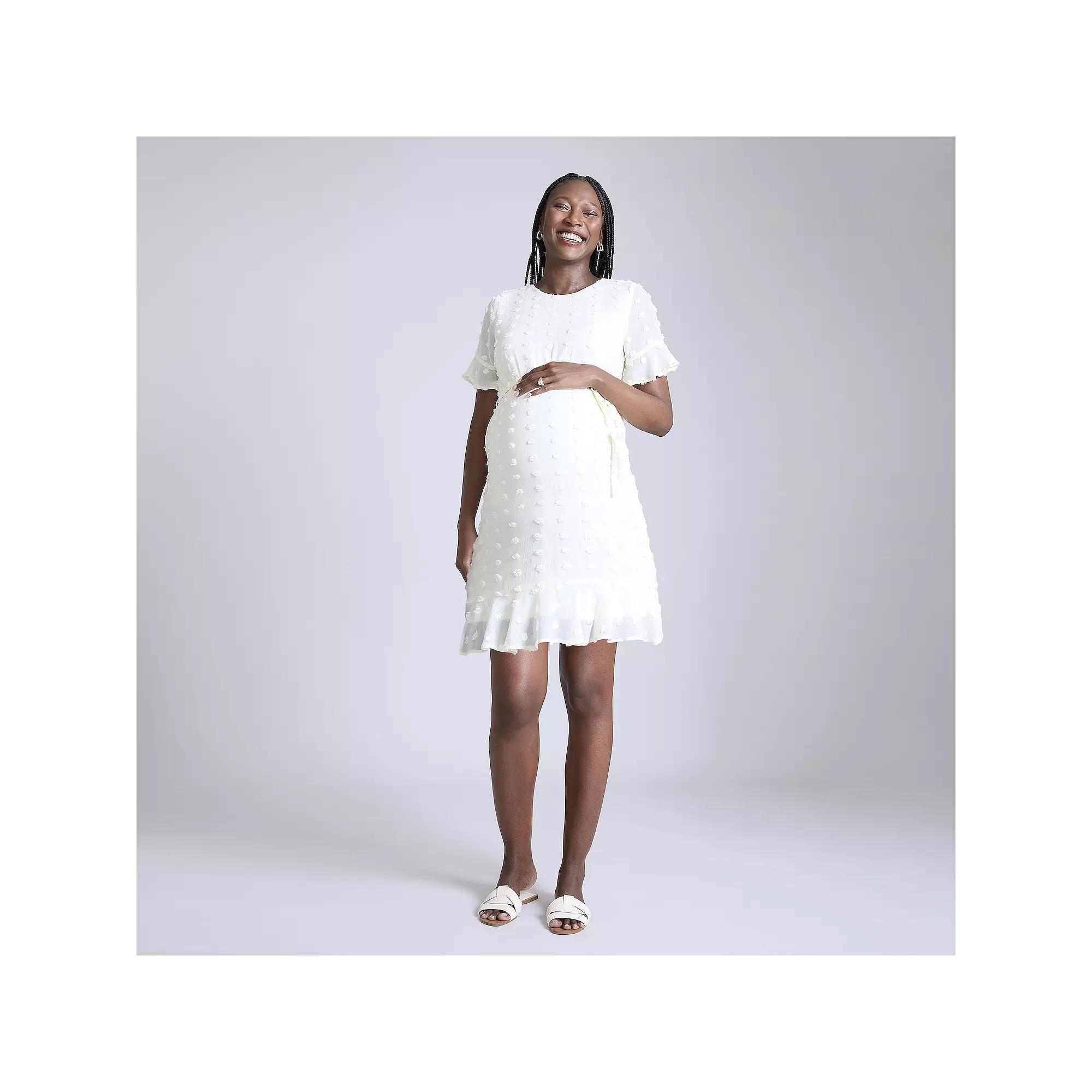 Maternity Motherhood® Short Sleeve Belted Tiered Dress, Women's, Size: Large-Mat, White Product Image