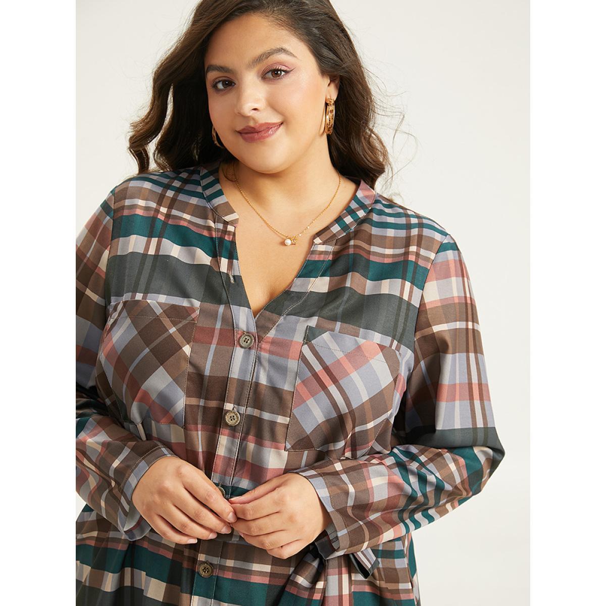 Plus Size Plaid Button Through Patched Pocket Dress Black Women Casual Belted Notched collar Long Sleeve Curvy Midi Dress BloomChic 10/M Product Image