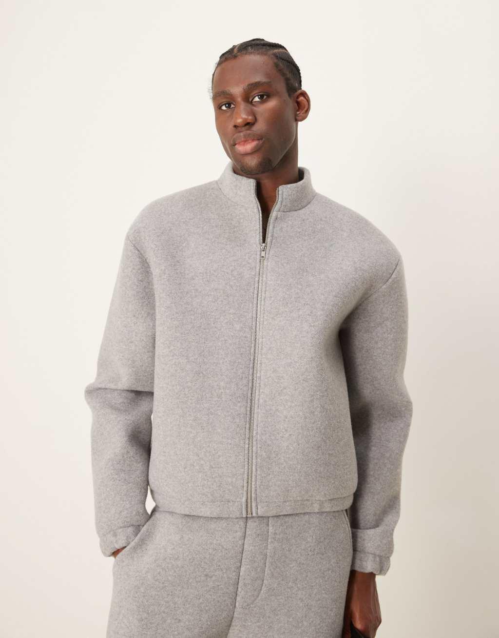 ASOS DESIGN Premium boxy oversized Scuba felt zip up track jacket in gray heather Product Image