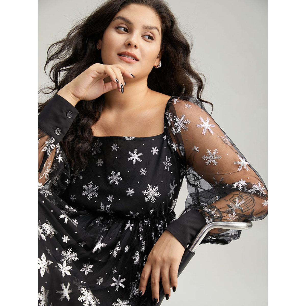 Plus Size Christmas Snowflake Glitter Mesh Square Neck Dress Black Women Party Gathered Square Neck Long Sleeve Curvy Midi Dress BloomChic 14-16/1X Product Image