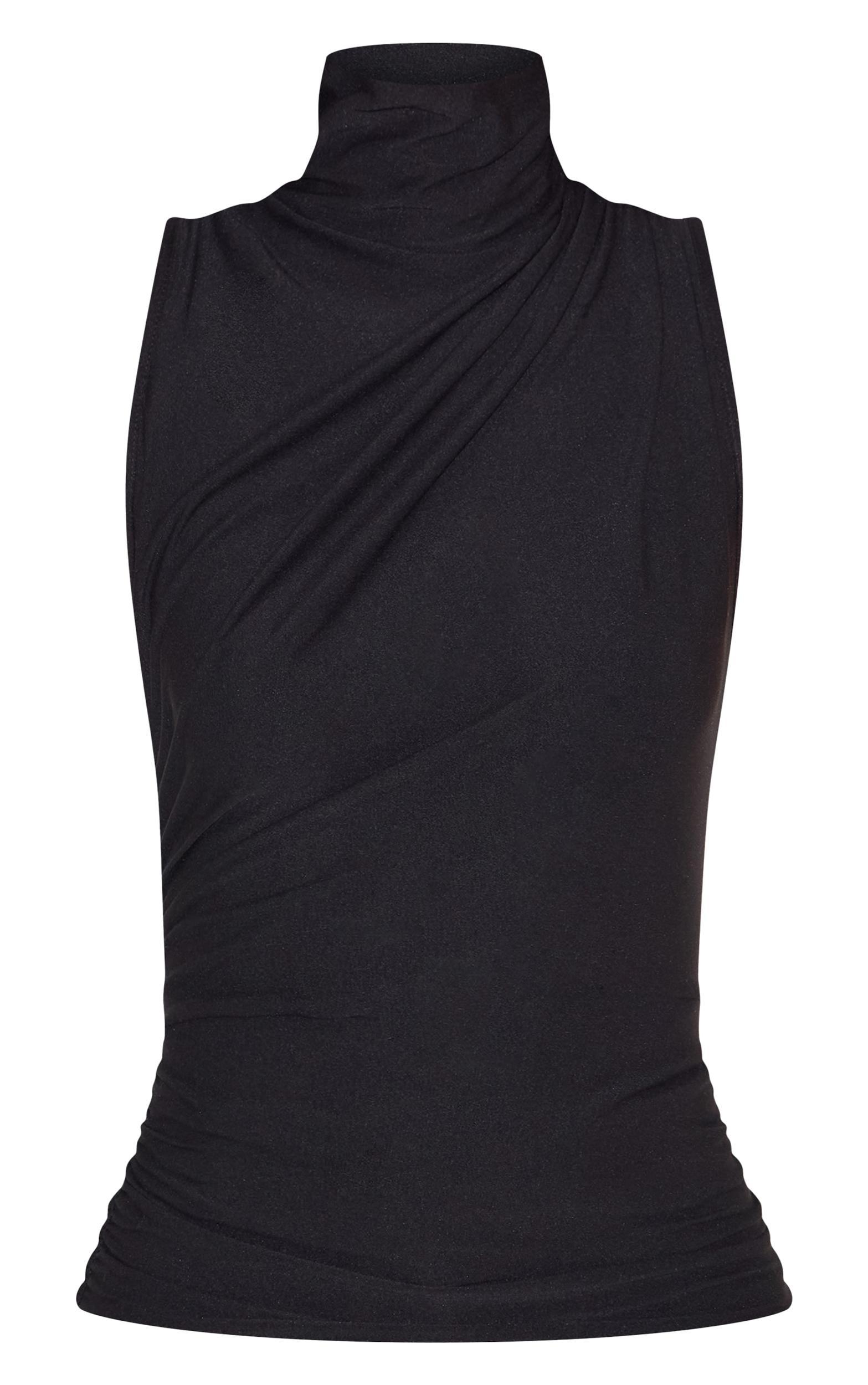 Black Soft Touch Ruched Side High Neck Top Product Image