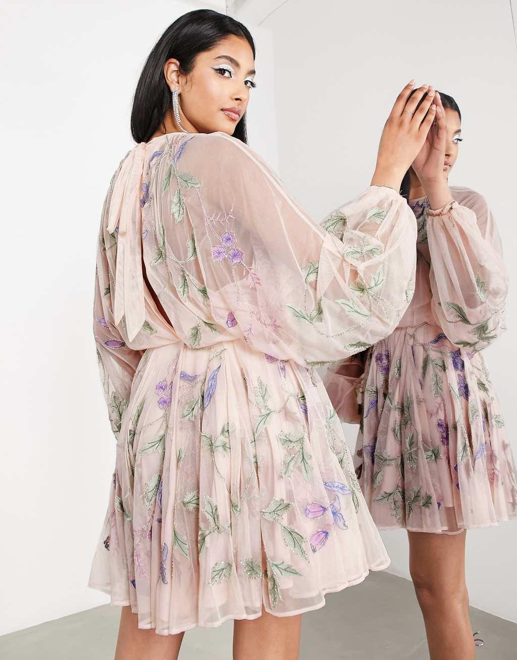 ASOS EDITION floral embroidered mesh mini dress with blouson sleeve Product Image