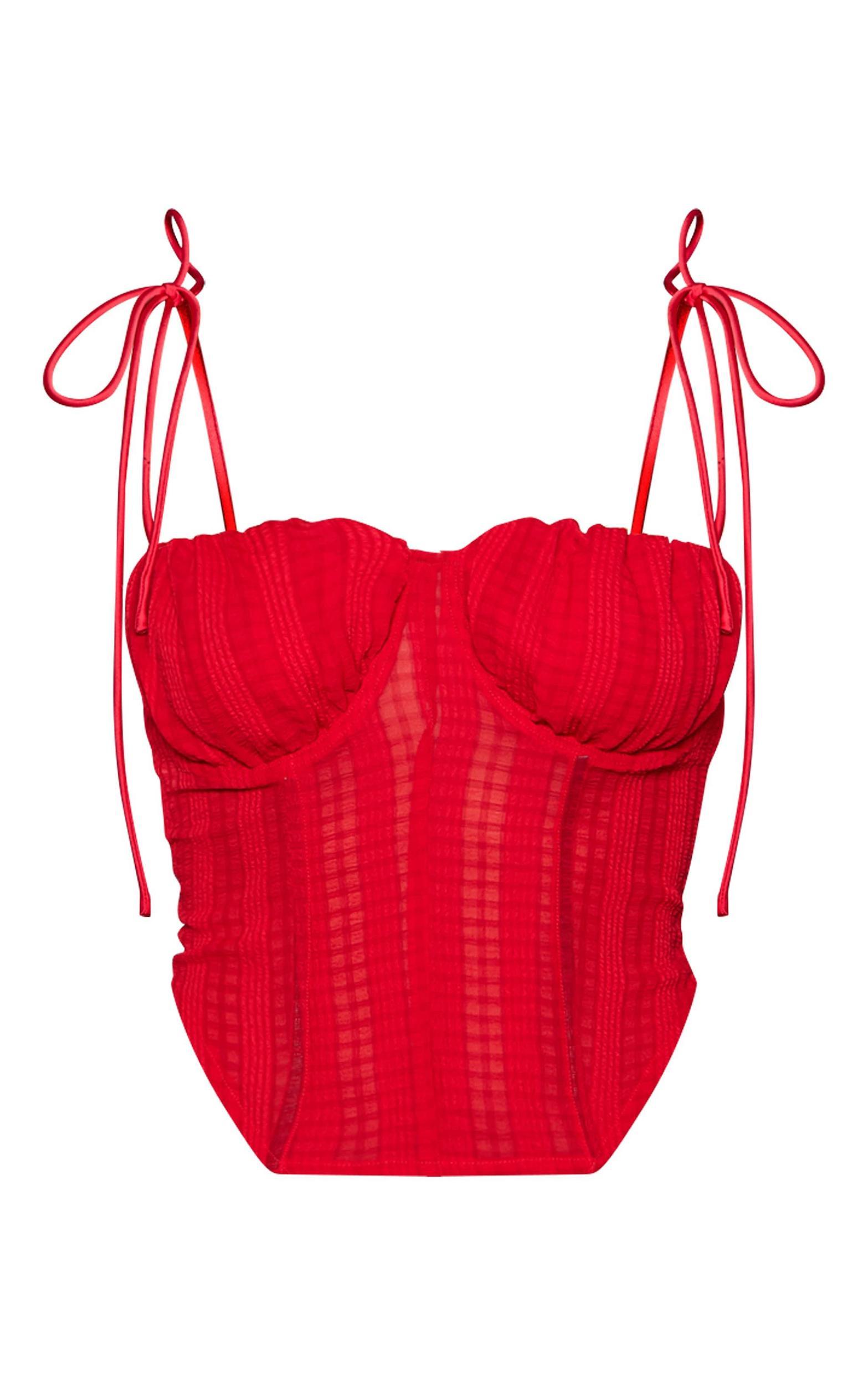 Cherry Red Sheer Woven Tie Corset Top Product Image