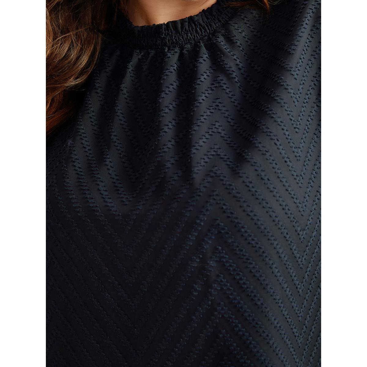Plus Size Midnight Plain Patchwork Mesh Shirred Frill Trim Blouse Women Office Long Sleeve Round Neck Work Blouses BloomChic 30/6X Product Image