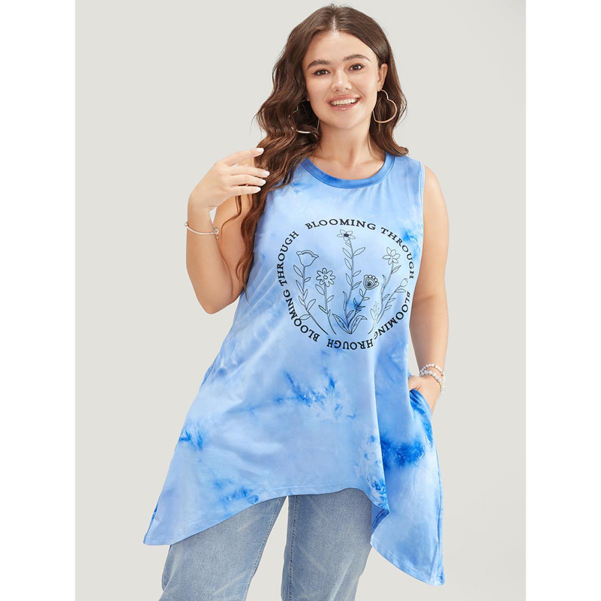 Plus Size Floral & letter Print Asymmetrical Hem Tie Dye Tank Top Women LightBlue Casual Printed Dailywear Tank Tops Camis BloomChic 12/L Product Image