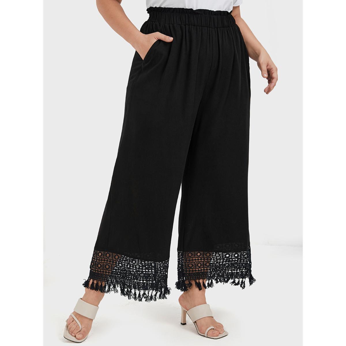 Plus Size Solid Elastic Waist Contrast Lace Pocket Pants Women Black Elegant High Rise Dailywear Pants BloomChic 28/5X Product Image