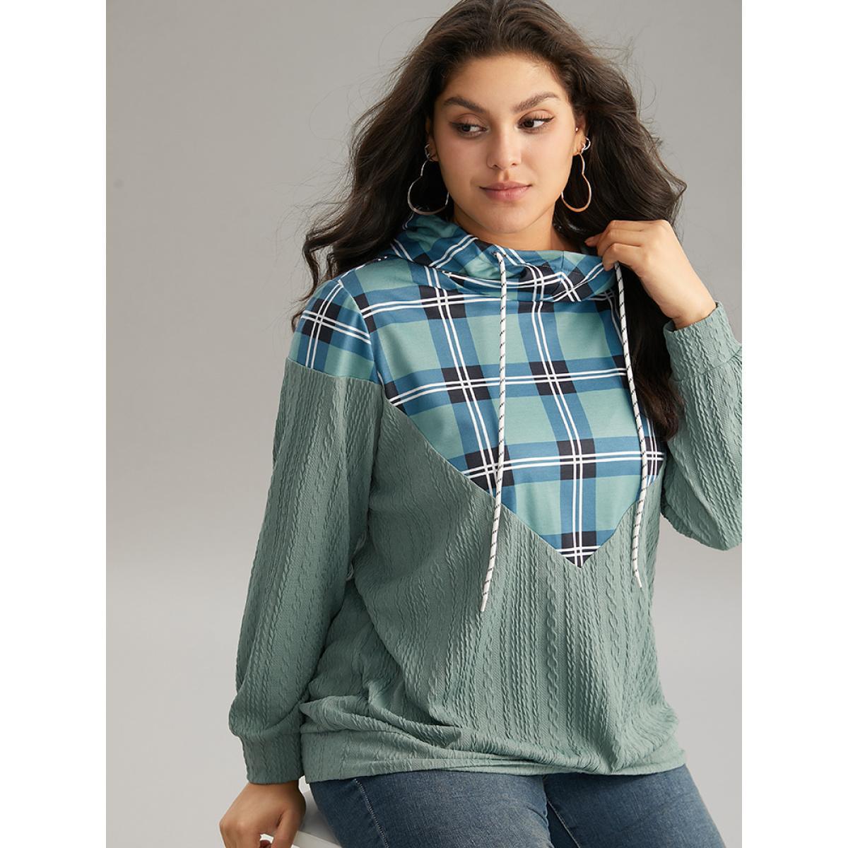 Plus Size Plaid Patchwork Contrast Texture Hooded Sweatshirt Women Mint Casual Texture Hooded Dailywear Sweatshirts BloomChic 30/6X Product Image