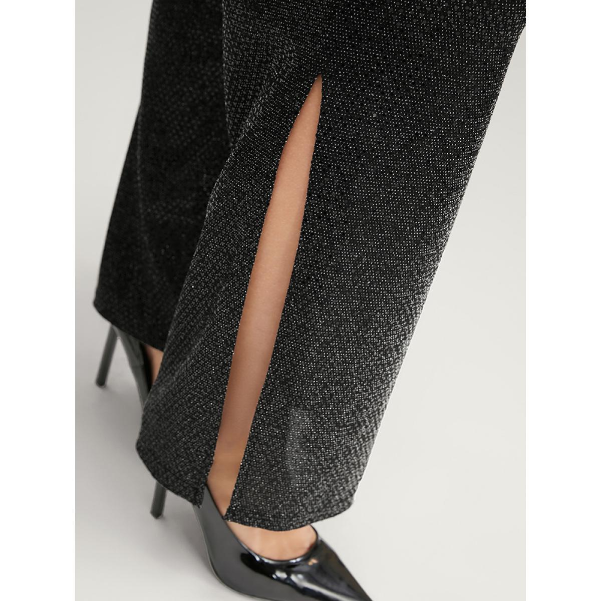 Plus Size Sequin Elastic Waist Pocket Split Hem Pants Women Black Office High Rise Work Pants BloomChic 14-16/1X Product Image
