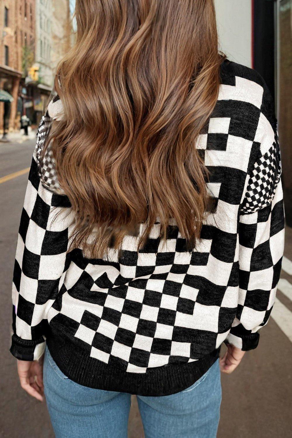 Checkered Print Drop Shoulder Round Neck Sweater - 2 Colors Available Product Image