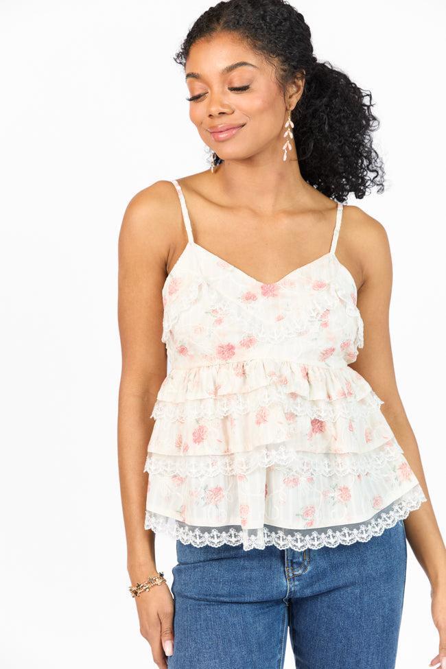 Come Out In The Wash Cream Multi Lace Tiered Floral Tank SALE Product Image