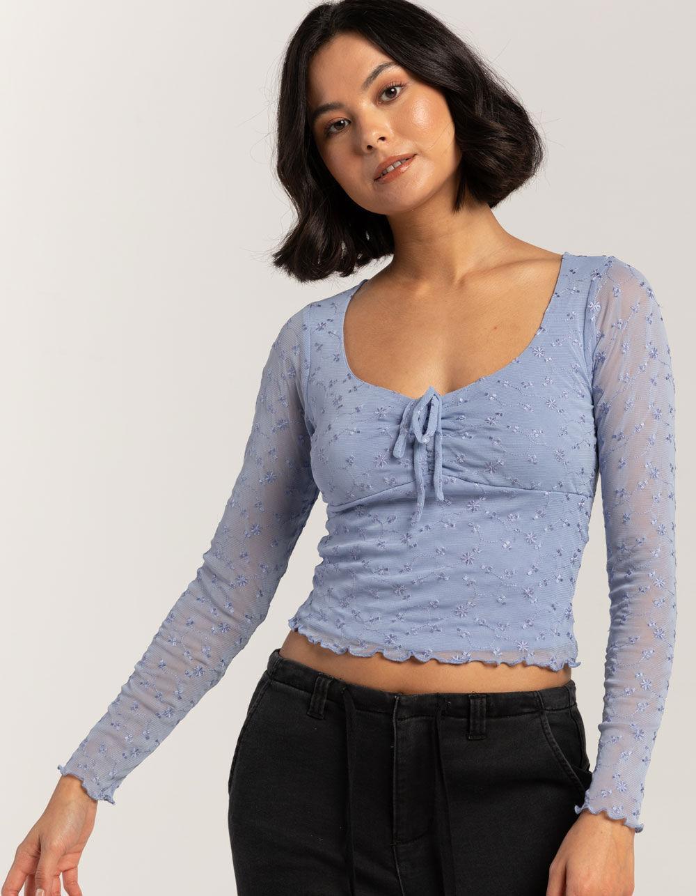 FULL TILT Embroidered Mesh Womens Long Sleeve Top - LAVENDAR Product Image
