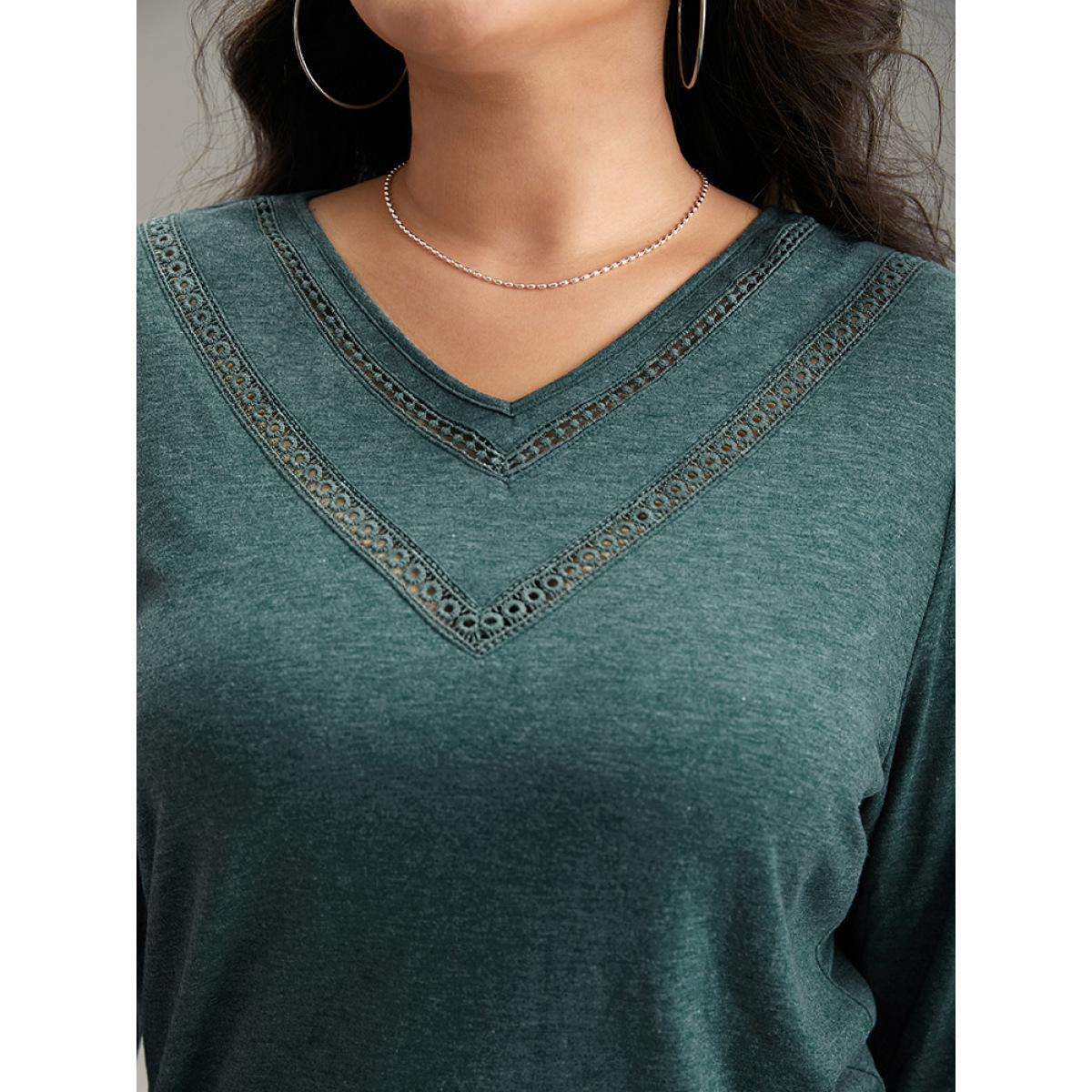 Plus Size Solid Gathered Contrast Lace V Neck T-shirt DarkGreen Women Elegant Gathered Plain V-neck Everyday T-shirts BloomChic 30/6X Product Image