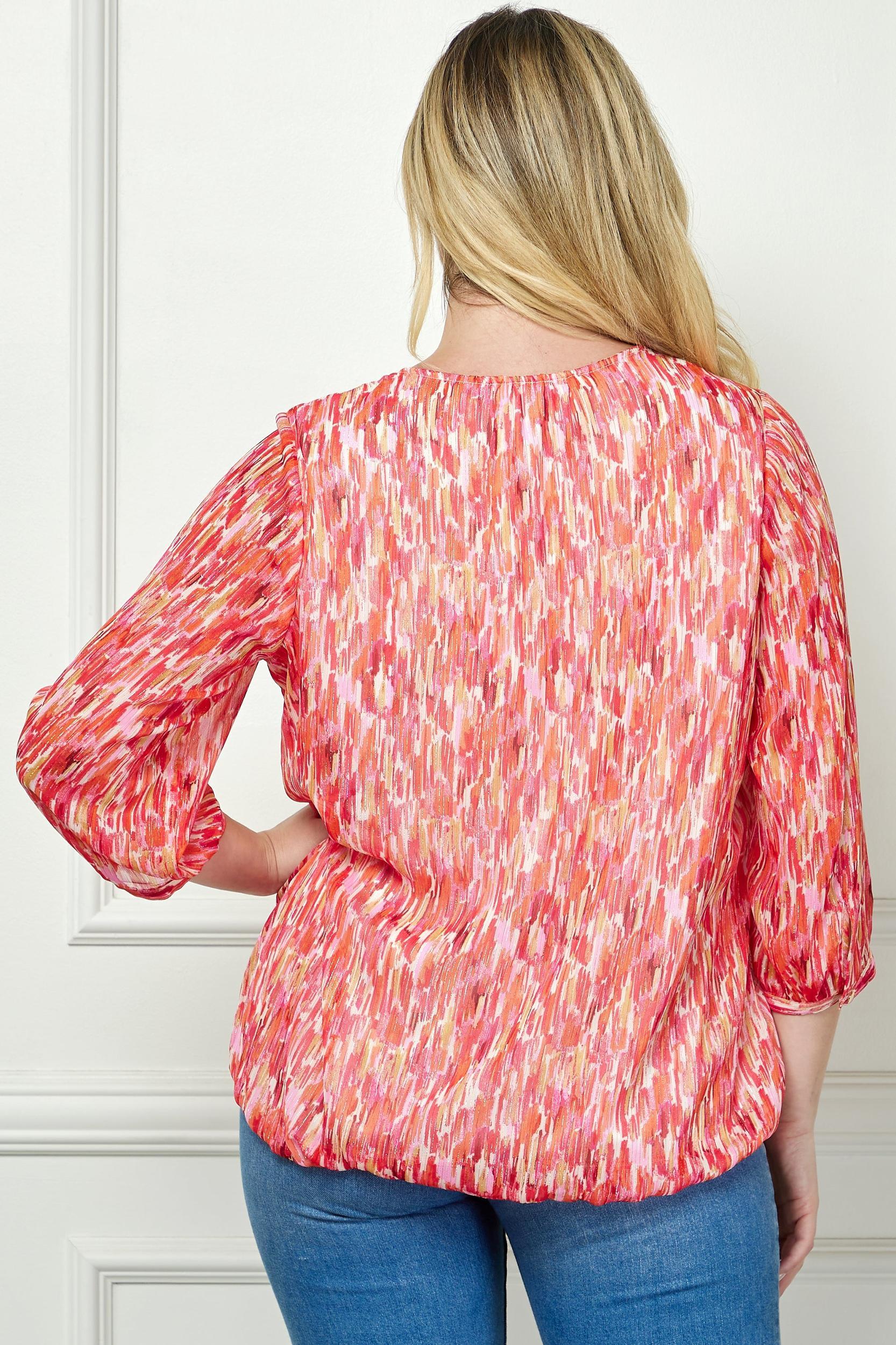 3/4 Button Cuff Sleeve 3 Button V-Neck Smock Shoulder Popover Lined Bubble Blouse - Plus Product Image