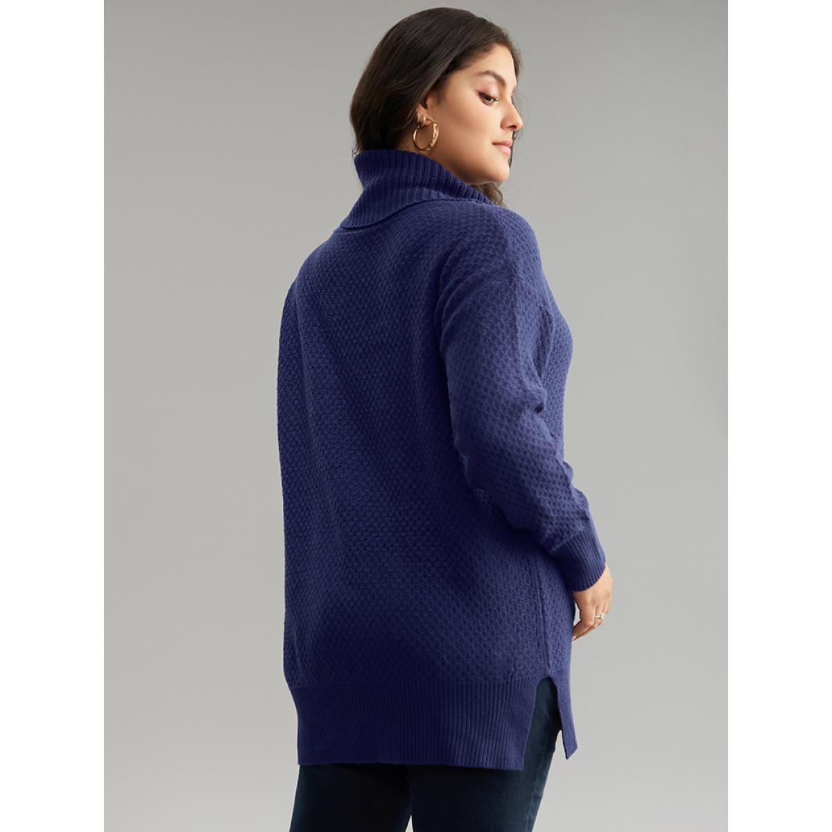 Plus Size Solid Turtle Neck Split Side Pullover DarkBlue Women Casual Loose Long Sleeve Turtleneck Everyday Pullovers BloomChic 18-20/2X Product Image