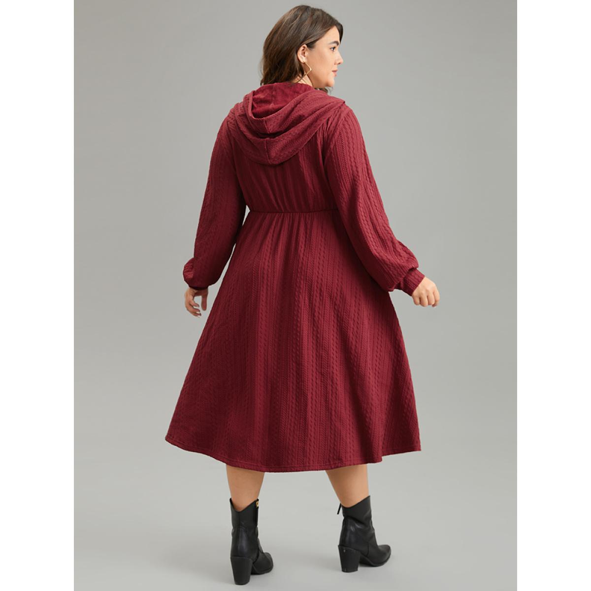 Plus Size Solid Textured Hooded Button Up Dress Scarlet Women Casual Texture Hooded Long Sleeve Curvy Midi Dress BloomChic 22-24/3X Product Image