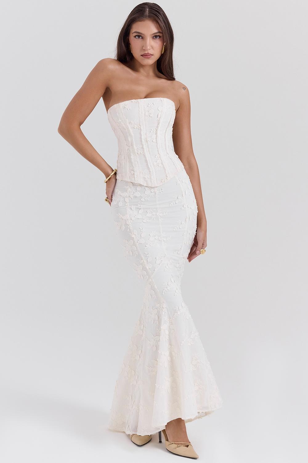 Veronica  vintage ivory embroidered godet maxi skirt Product Image
