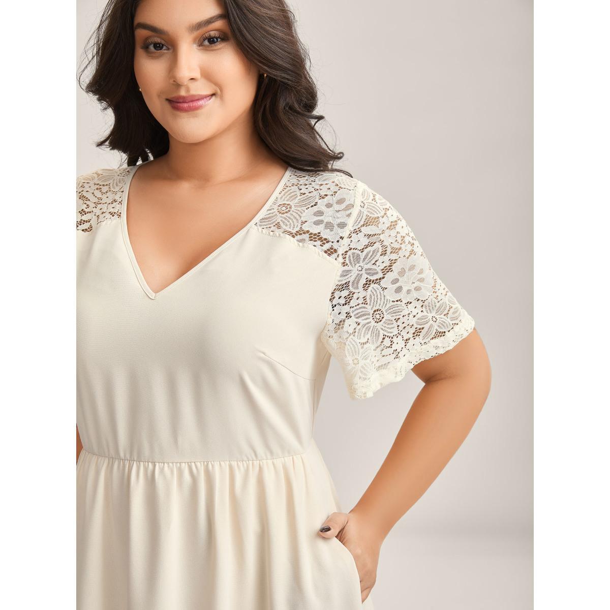 Plus Size Sheer Lace Pockets Solid Midi Dress Apricot Women V-neck Short sleeve Curvy BloomChic 14-16/1X Product Image