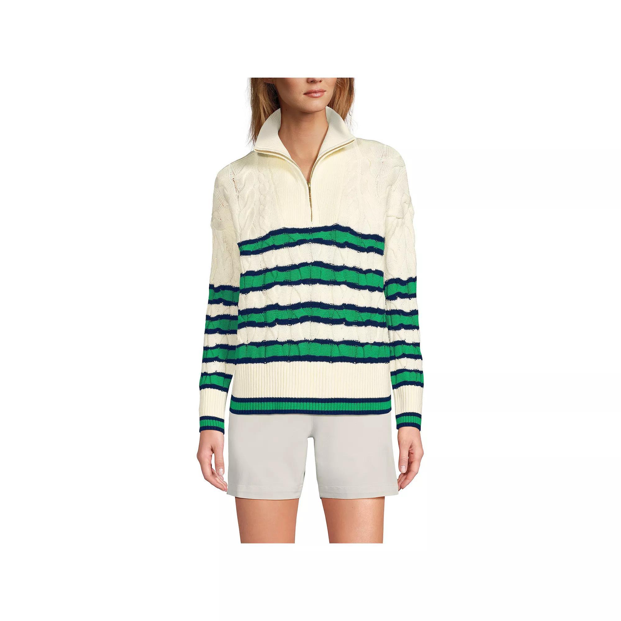 Women's Lands' End Drifter Cable Quarter Zip Sweater, Size: XL, Fresh Ivory Stripe Product Image