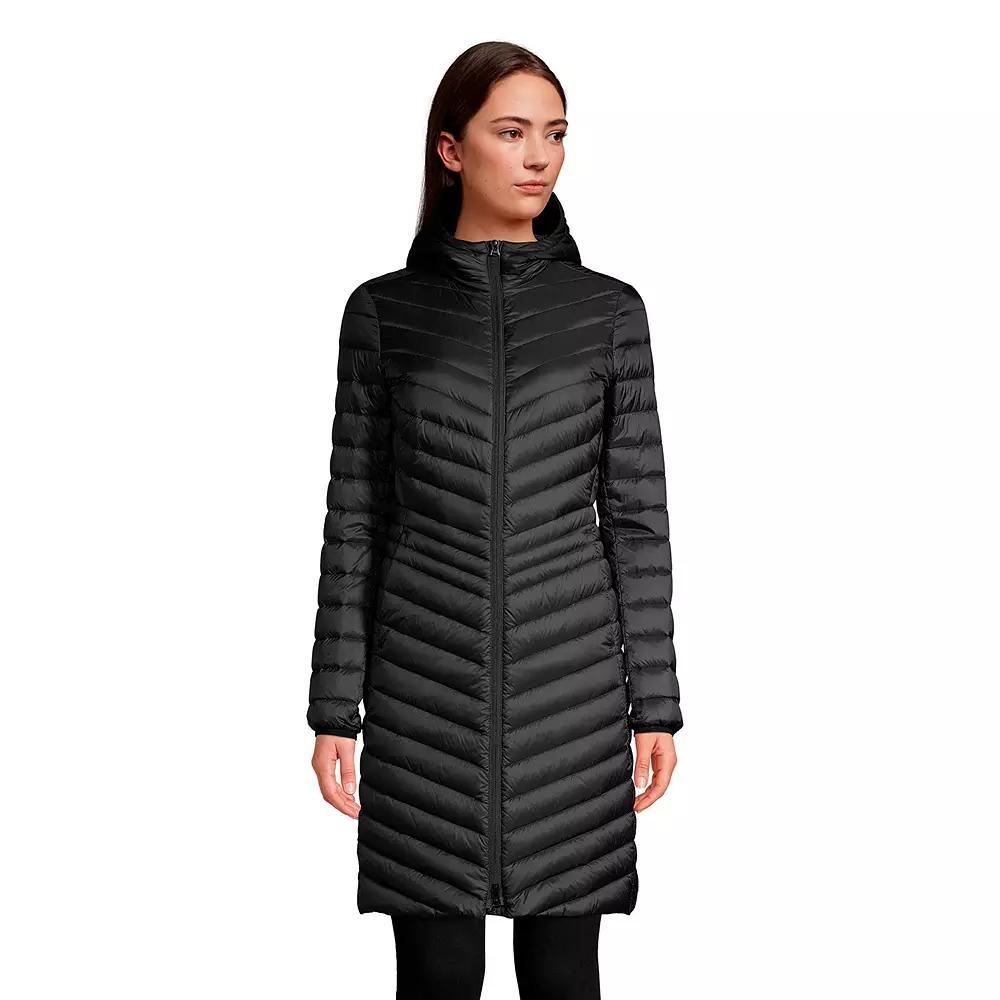 Women's Lands' End Hooded Wanderweight Ultralight Packable Long Down Coat, Size: Medium Tall, Black Product Image
