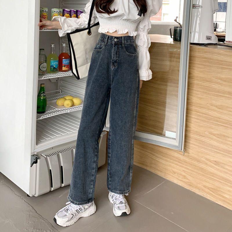 High Waist Washed Straight Leg Jeans Product Image