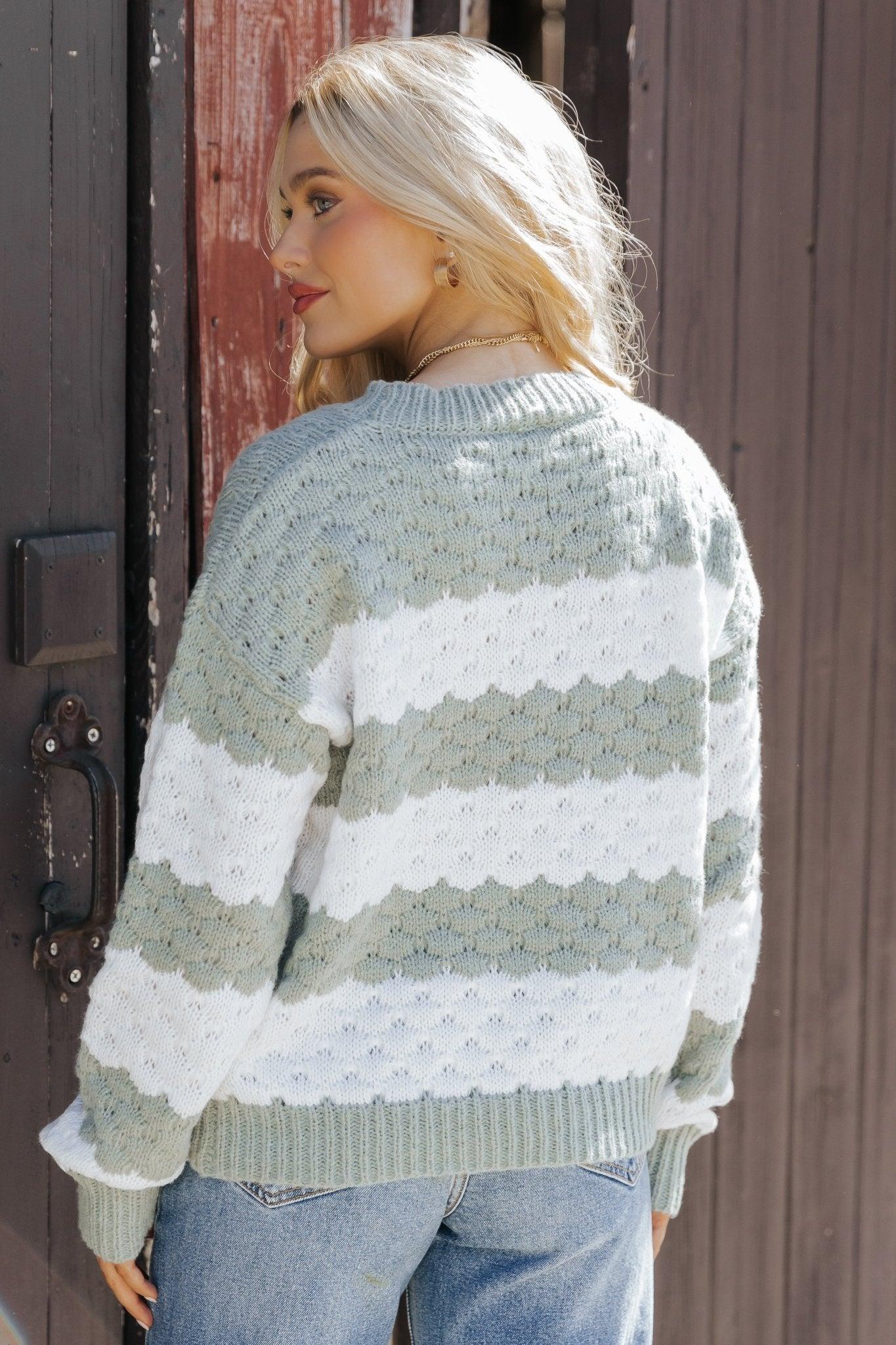 Fall Catch Sage and White Striped Sweater - FINAL SALE Product Image