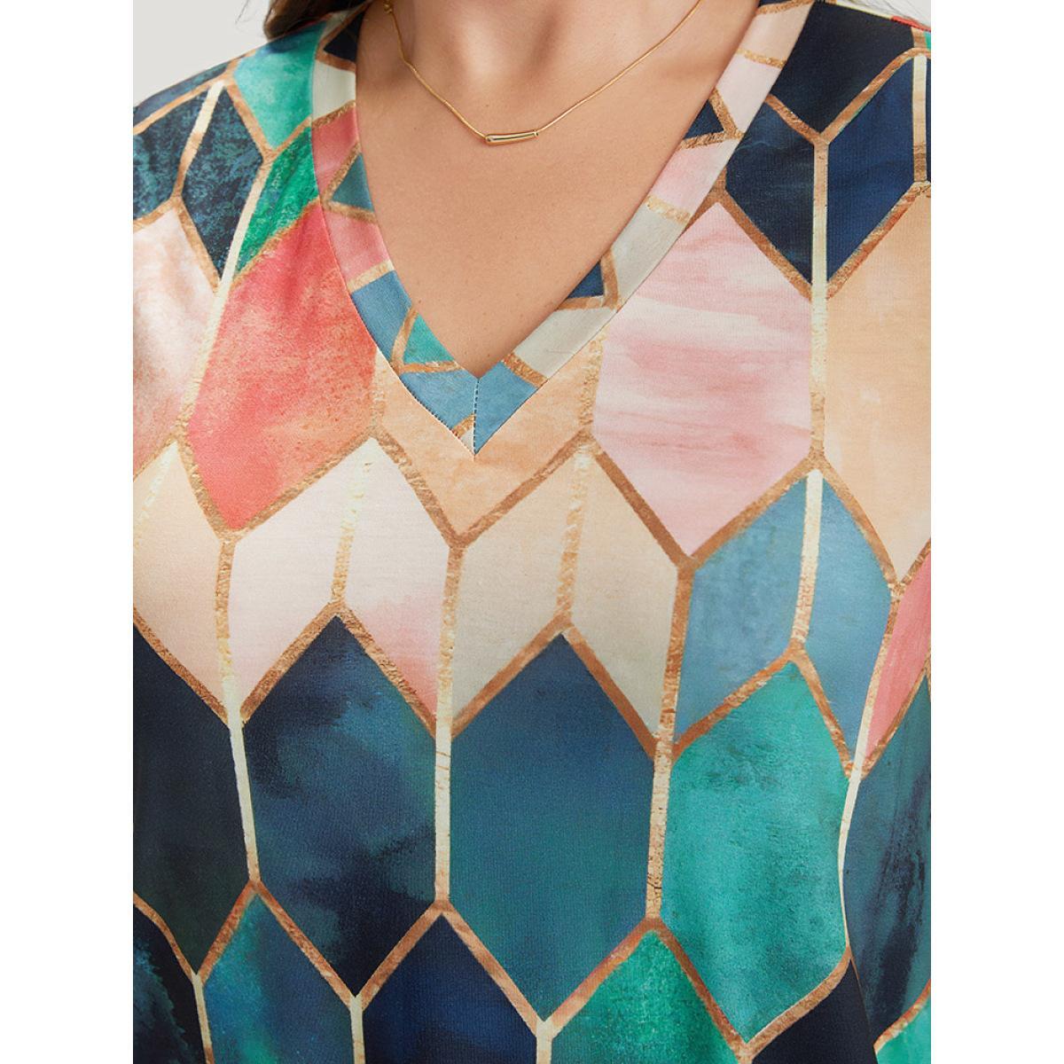 Plus Size Geometric Print Pocket Colorblock Contrast Dress Multicolor Women Casual Contrast V-neck Short sleeve Curvy Midi Dress BloomChic 26/4X Product Image