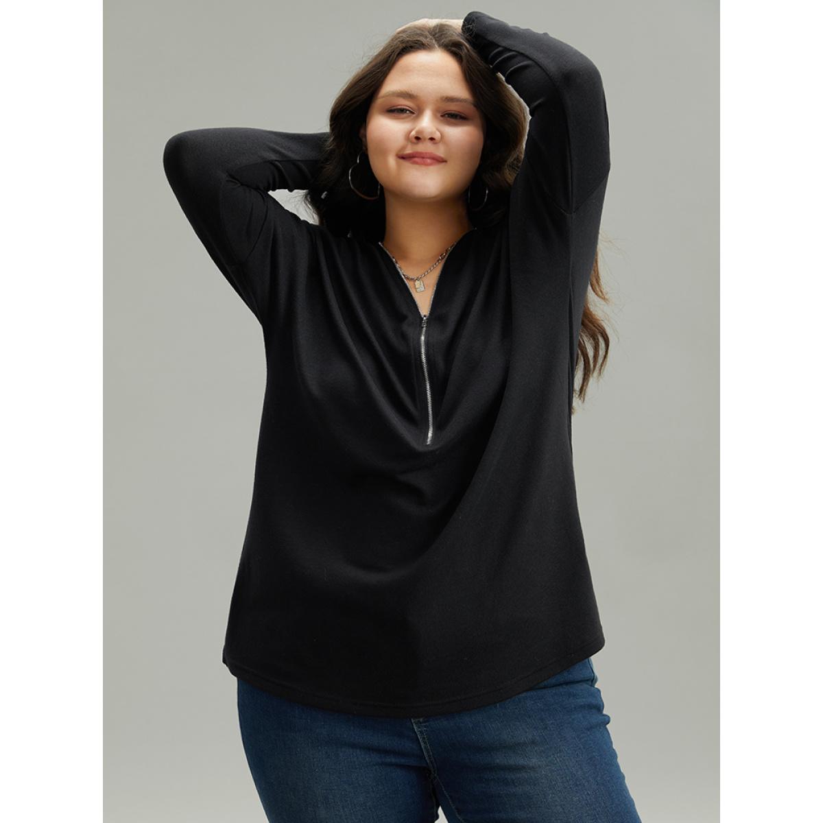 Plus Size Solid Zipper Detail Patchwork T-shirt Black Women Casual Plain Plain V-neck Dailywear T-shirts BloomChic 14-16/1X Product Image