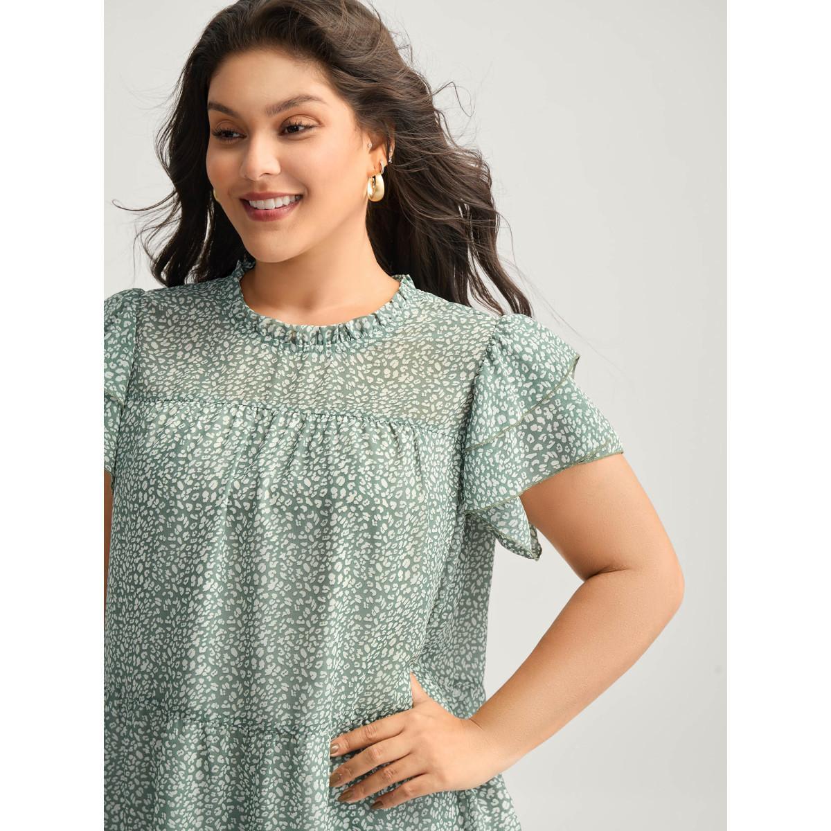 Plus Size Greenbean Leopard Print Stretchy Neck Flowy Blouse Women Cap Sleeve Round Neck Work Blouses BloomChic 12/L Product Image