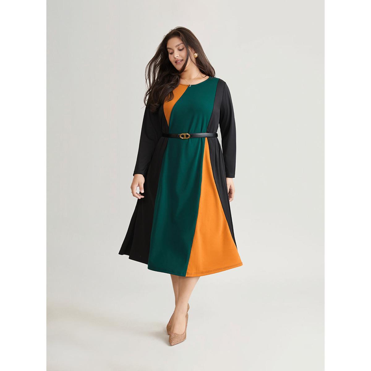 Plus Size Contrast Colorblock Pocket Long Sleeve Dress Green Women At the Office Belted Round Neck Long Sleeve Curvy Midi Dress BloomChic 26/4X Product Image