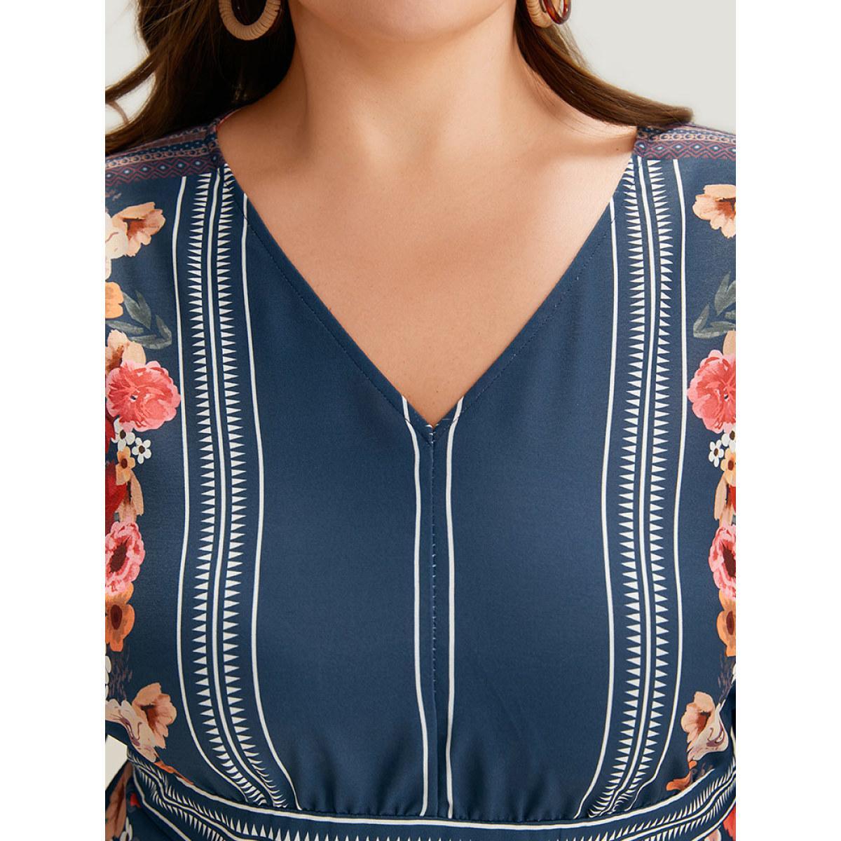 Plus Size Stone Boho Print V Neck Elastic Waist Bell Sleeve Blouse Women Vacation Long Sleeve V-neck Vacation Blouses BloomChic 18-20/2X Product Image