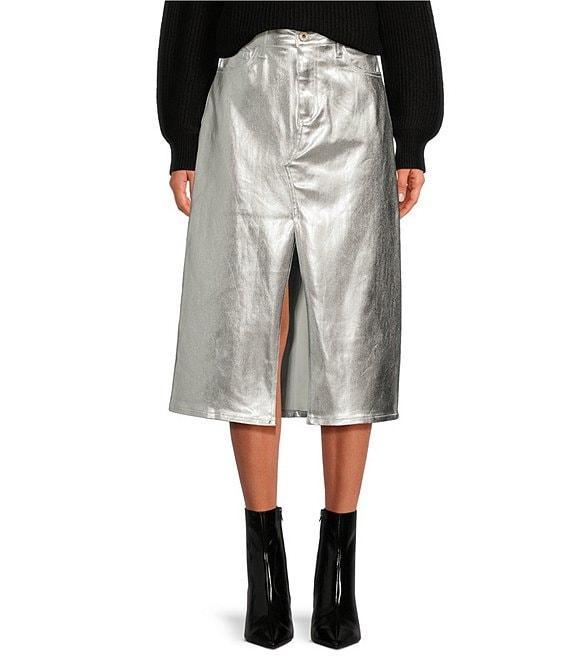 Every Metallic Coated Stretch Denim High Rise Front Split Hem Midi Pencil Skirt Product Image