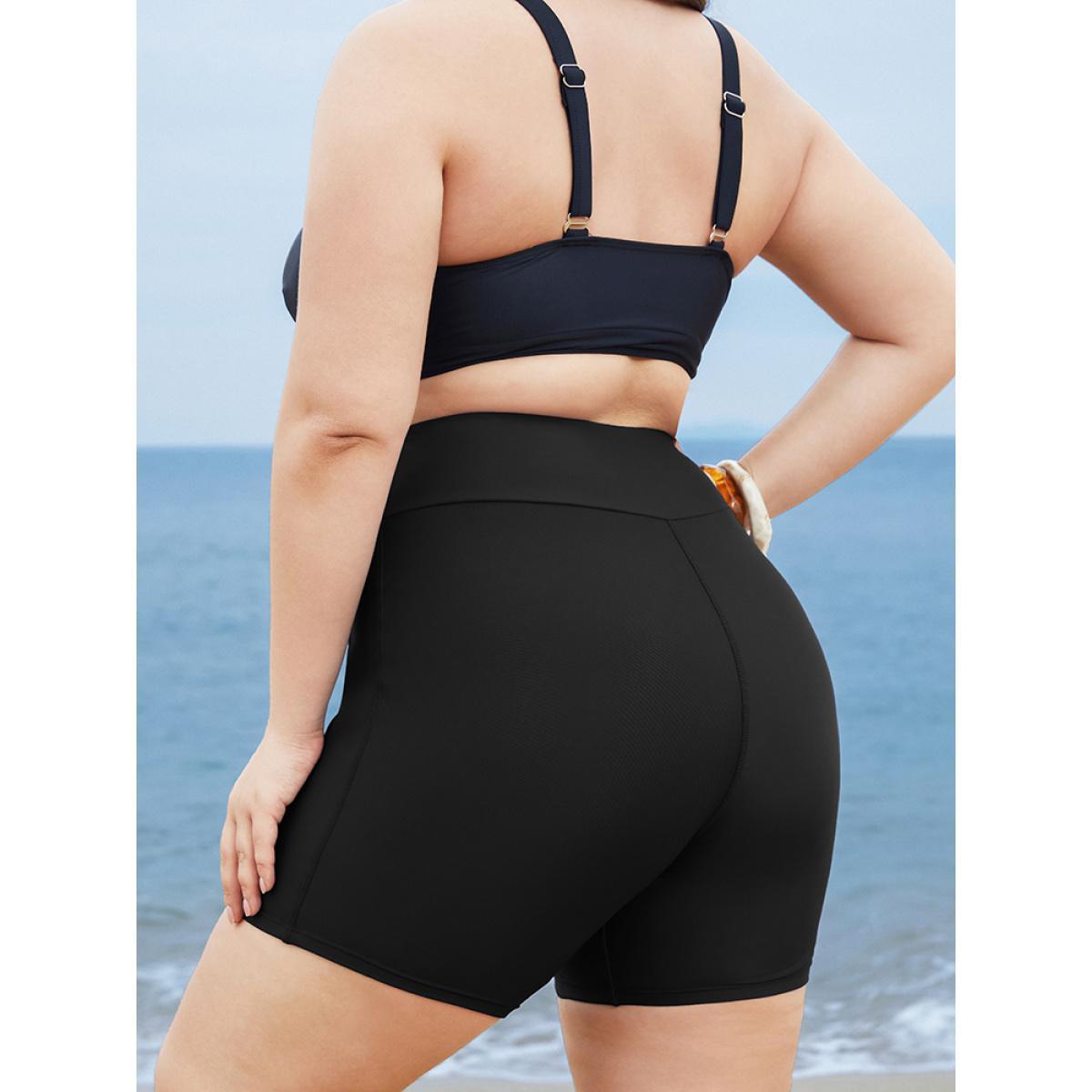 Plus Size Solid Wideband Waist Swim Shorts Women's Swimwear Black Beach Non High stretch Skinny High Rise Side seam pocket Curve Swim Bottoms BloomChic 14-16/1X Product Image
