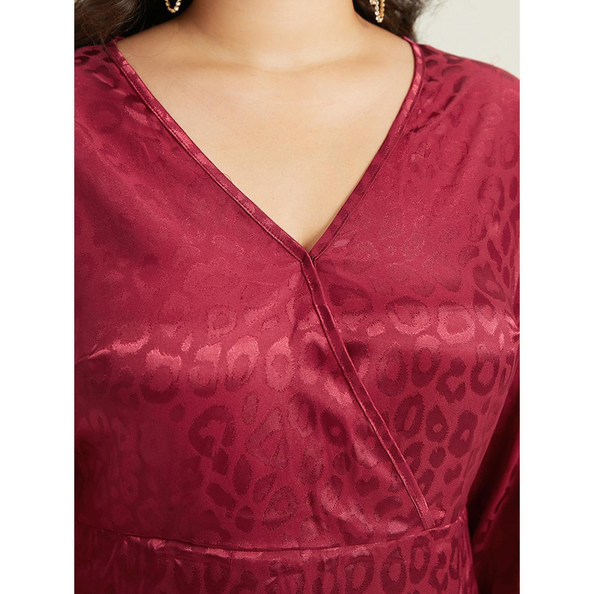 Plus Size Solid V Neck Gathered Wrap Hem Dress Scarlet Women Party Plain V-neck Long Sleeve Curvy Knee Dress BloomChic 22-24/3X Product Image
