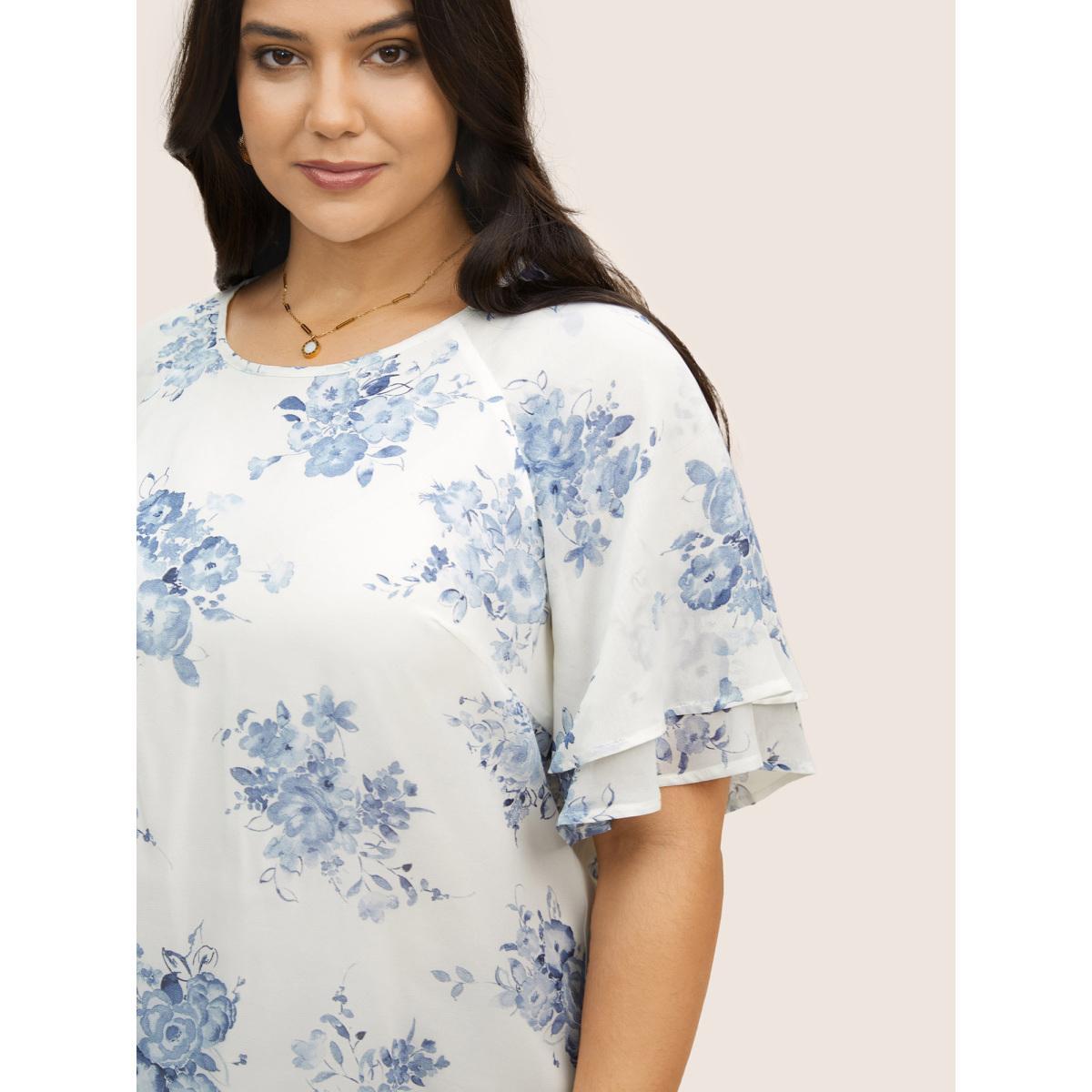 Plus Size Originalwhite Chiffon Floral Tiered Ruffles Raglan Sleeve Blouse Women Elegant Half Sleeve Round Neck Everyday Blouses BloomChic 28/5X Product Image