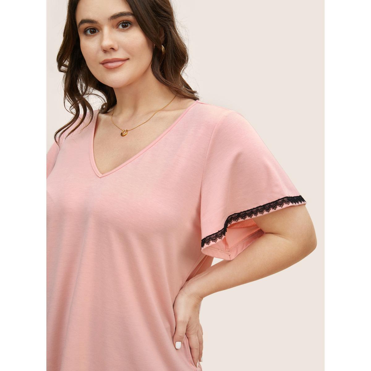 Plus Size V Neck Contrast Lace Flutter Sleeve T-shirt Nudepink Women Casual Contrast V-neck Everyday T-shirts BloomChic 22-24/3X Product Image