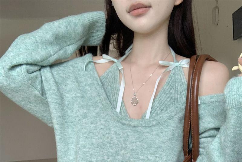 Halter V-Neck Plain Bow Accent Crop Knit Top / Scoop Neck Sweater / High Rise Dotted Mini Pencil Skirt Product Image