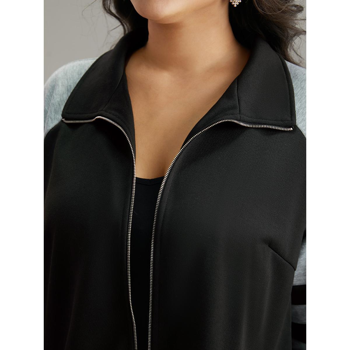Plus Size Contrast Contrast Trim O Ring Zipper Jacket Women Black Contrast Everyday Jackets BloomChic 12/L Product Image