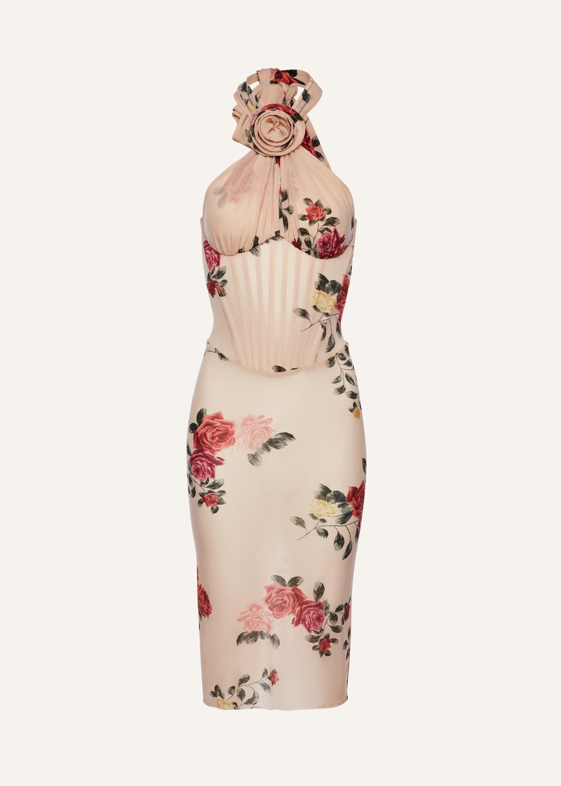 Sheer halter bustier midi dress in beige print Product Image