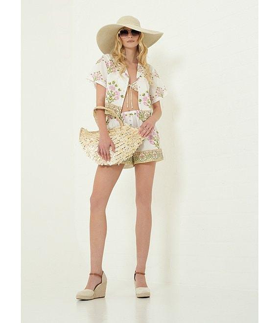 A Loves A Woven Floral Notch Lapel Button Front Short Sleeve Cropped Coordinating Camp Shirt Product Image