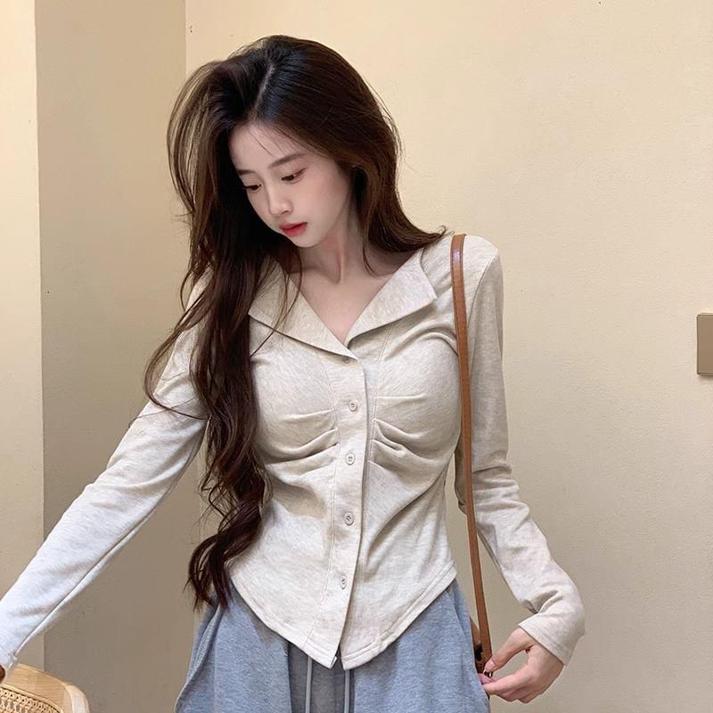 Split Neck Plain Ruched Button-Up Cardigan Product Image