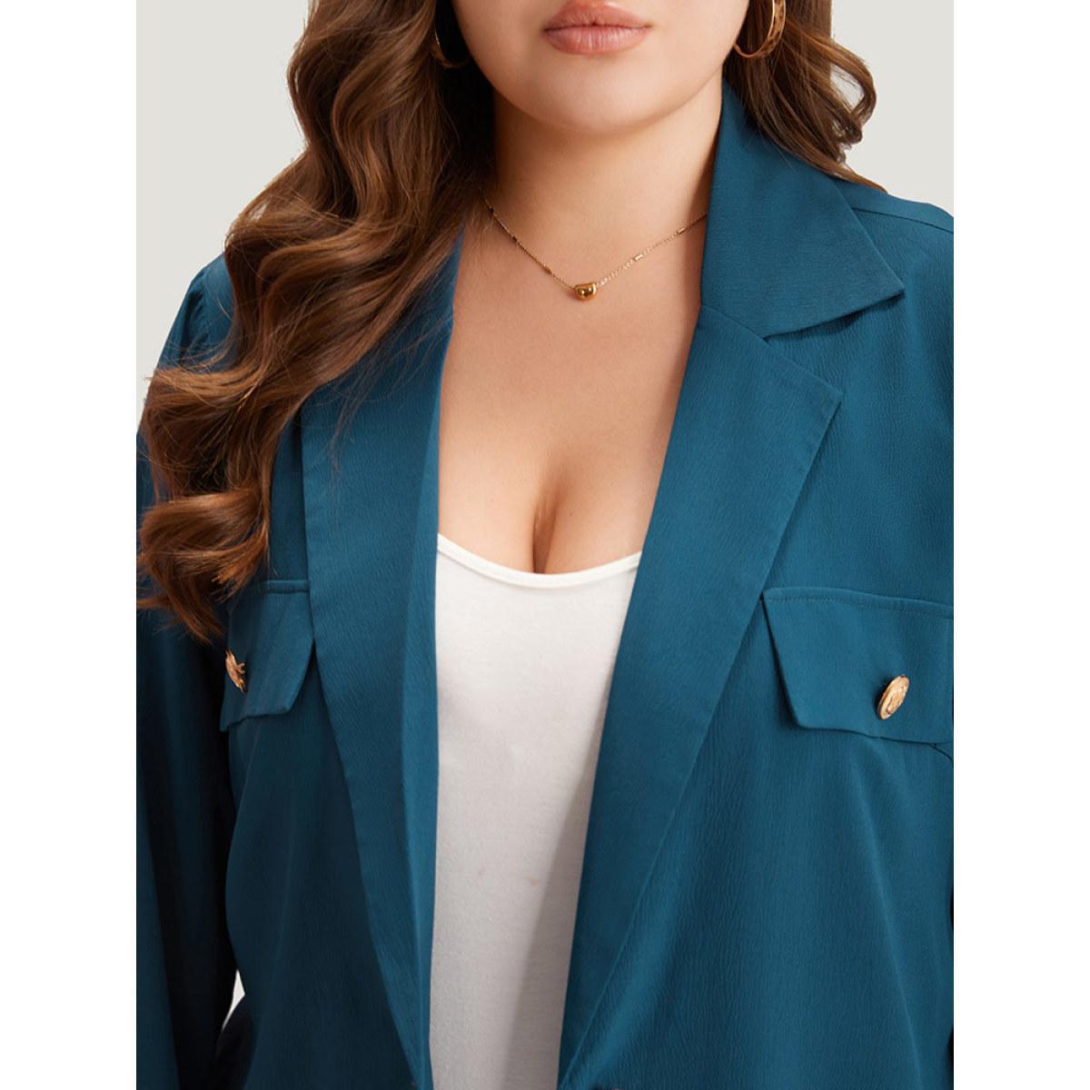 Plus Size Plain Lapel Collar Belted Metal Detail Blazer Cyan Women Dailywear Plain Plain Sleeve Long Sleeve Lapel Collar 30/6X Belt Casual Blazers BloomChic Product Image