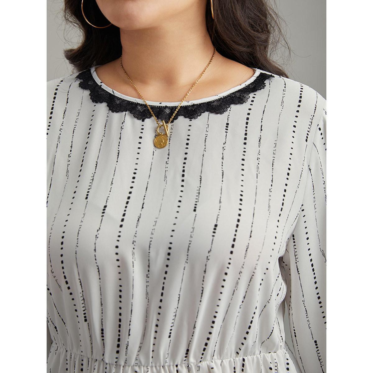 Plus Size White Dot Striped Contrast Lace Elastic Waist Blouse Women Elegant Long Sleeve Round Neck Dailywear Blouses BloomChic 30/6X Product Image