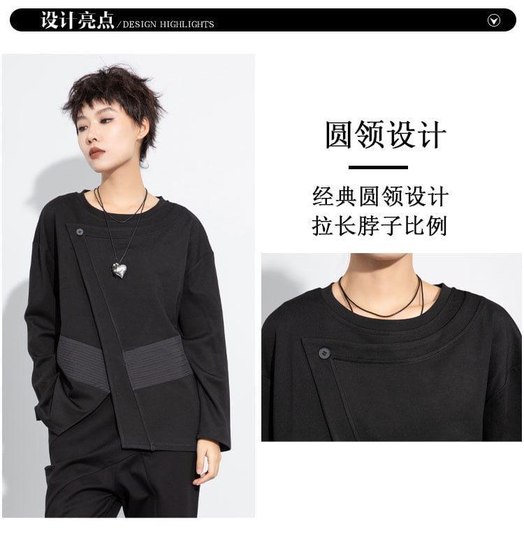 Long Sleeve Crew Neck Plain Panel Pintuck Top Product Image